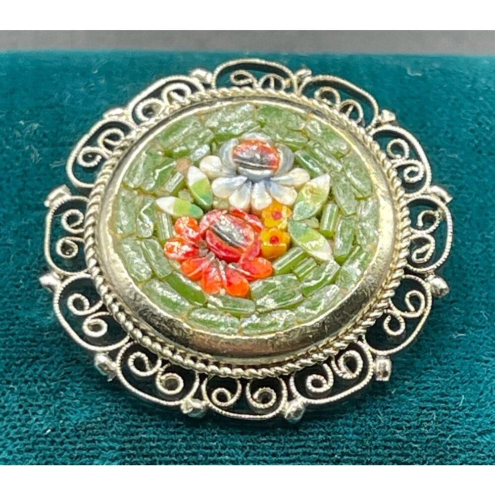 Green Red Floral Italian Brooch Mosaic Tile Silver Filigree Border Unsigned Pin - Picture 2 of 5